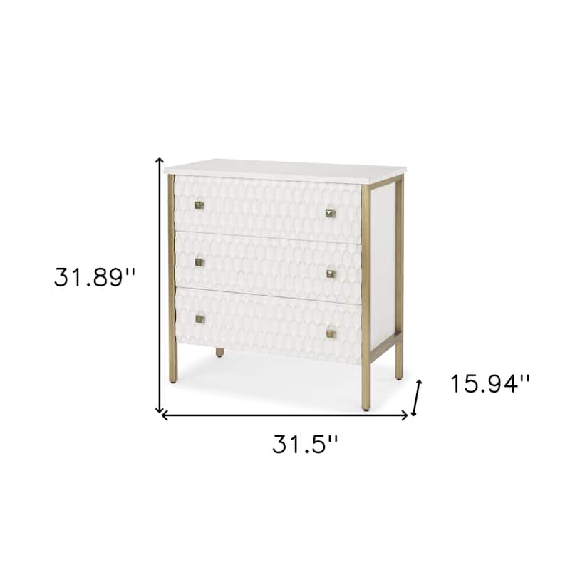 HomeRoots 32" White and Gold Wood and Metal Carved Geometric Accent Cabinet With Three Drawers