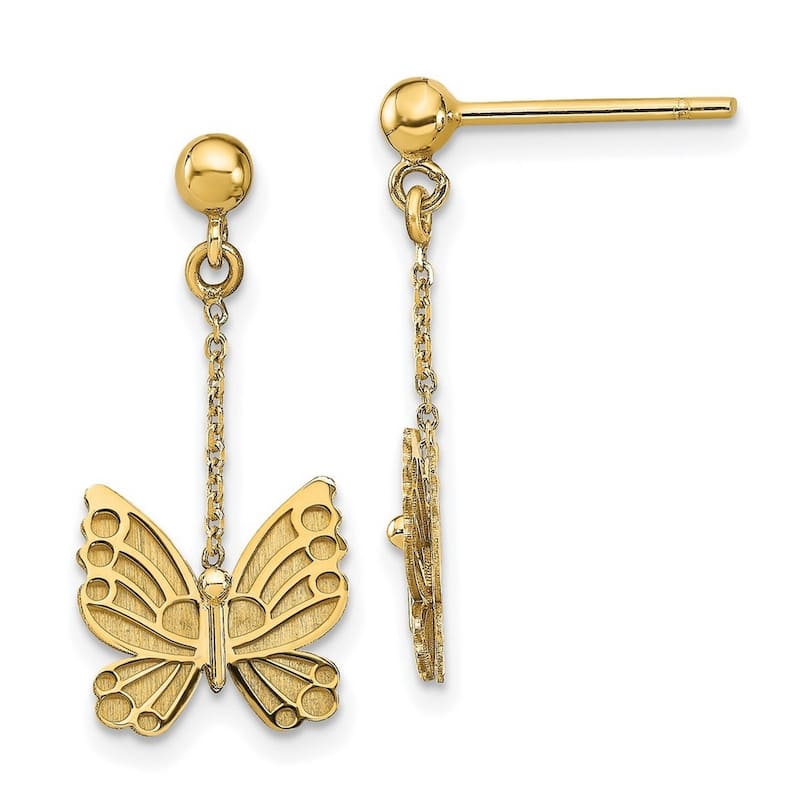 Curata 14k Yellow Gold Brushed Butterfly Dangle Post Earrings 23.1x10.8mm