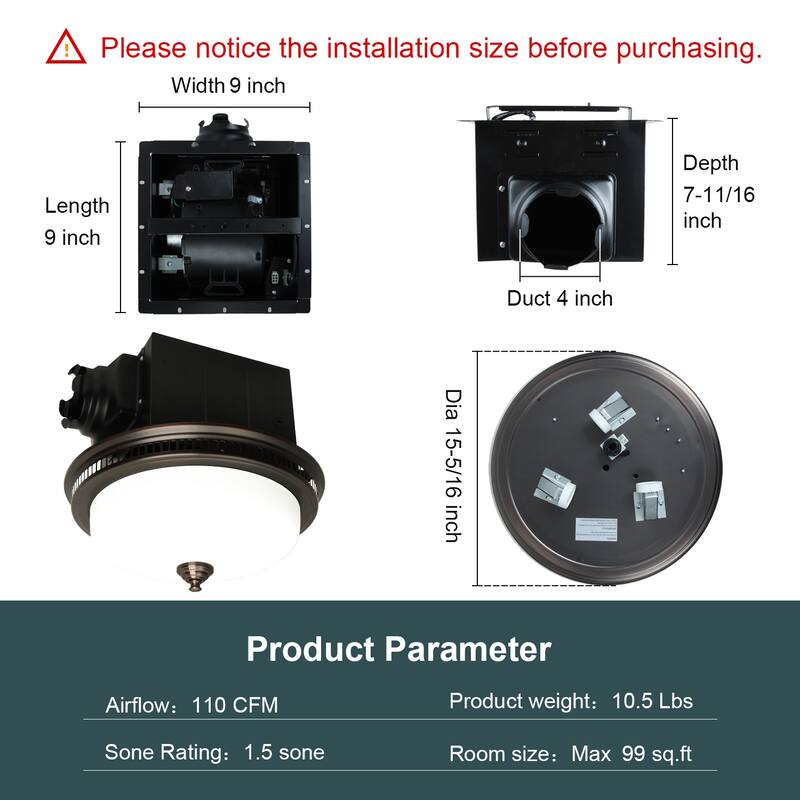 Ultra Quiet Bathroom Exhaust Fan with LED Light and Nightlight 110CFM 1.5 Sone with Round Frosted Glass Cover