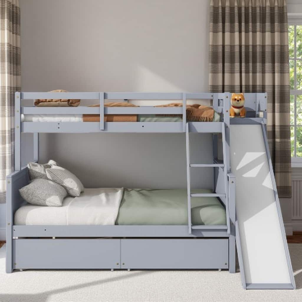 Twin Over Full Bunk Bed with Slide, Storage Drawers & Shelves, Rubber Wood Frame