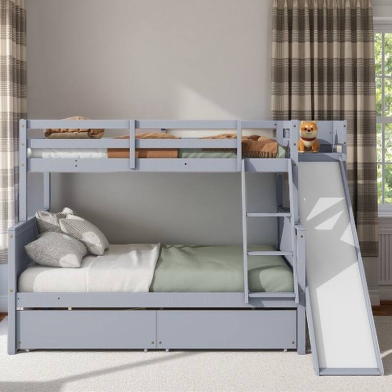 Twin Over Full Bunk Bed with Slide, Storage Drawers & Shelves, Rubber Wood Frame - Grey