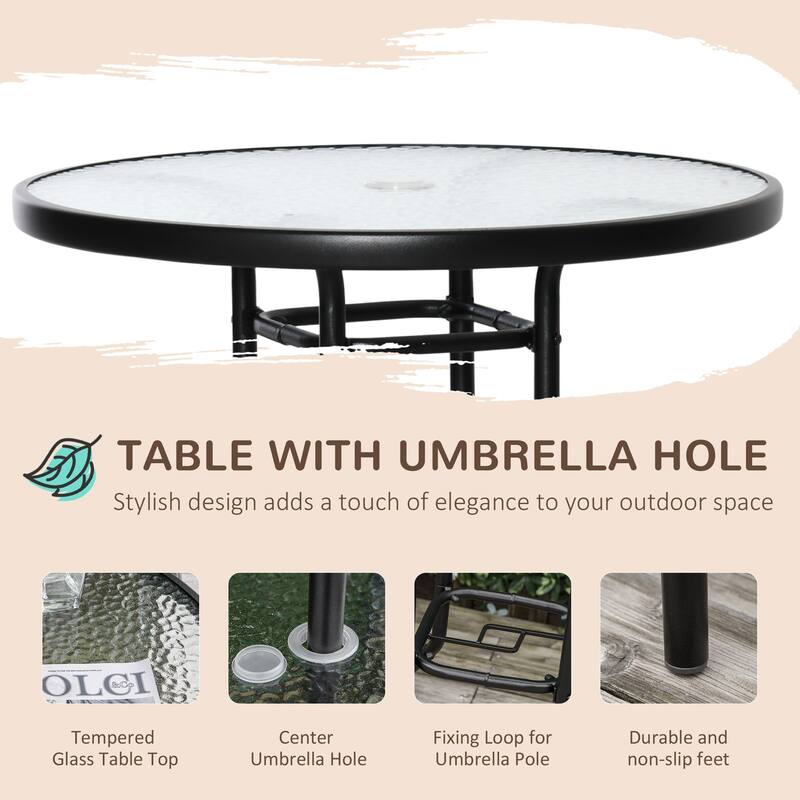 4 Piece Outdoor Patio Dining Furniture Set, 2 Folding Chairs, Adjustable Angle Umbrella, Wave Textured Tempered Glass Di