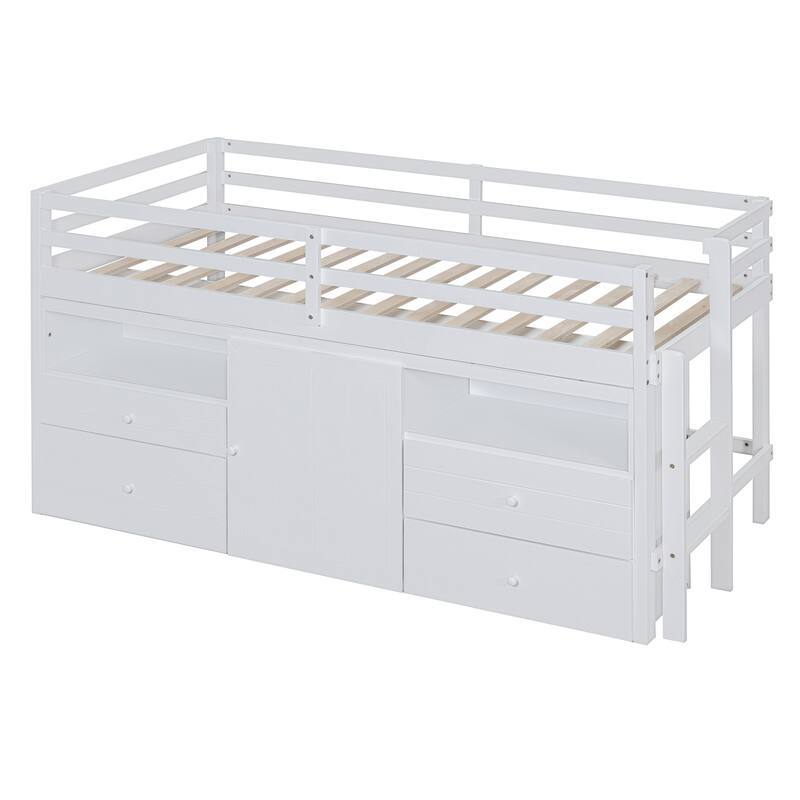 Twin Size Solid Wood Loft Bed with 4 Drawers, Underneath Cabinet and Shelves