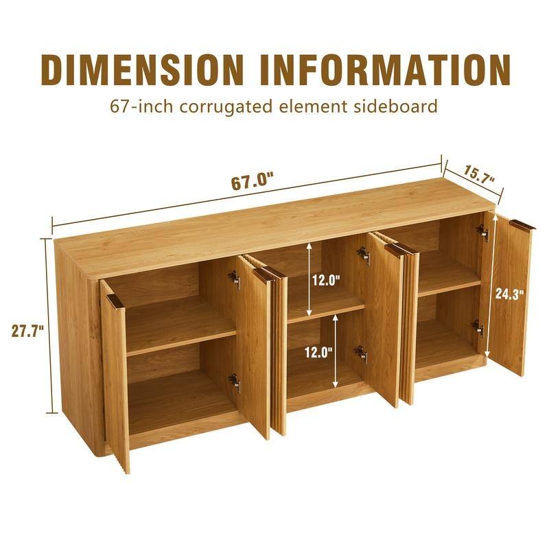 Modern 67" Fluted Buffet Sideboard Cabinet with Shelves, TV Stand Storage Cabinet with 4 Wave Doors for Organized Living Spaces
