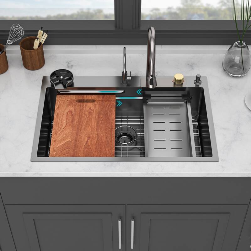33" Drop in Single Bowl Workstation Kitchen Sink with Pull-Out Faucet and Cup Washer