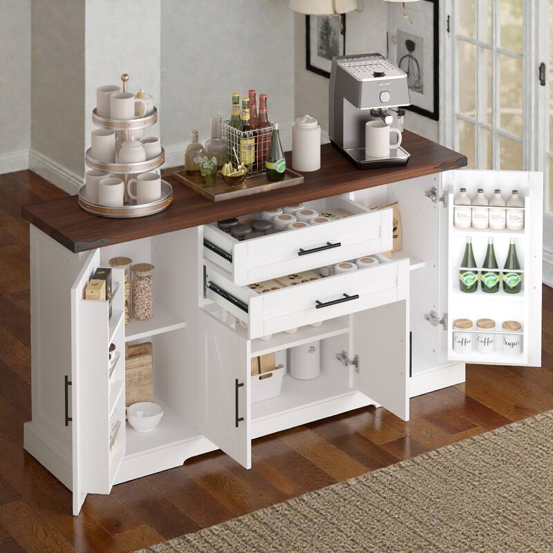 63 Inch Farmhouse Barn Door Buffet Cabinet with Drawers, Coffee Bar Storage Console with Adjustable Shelves