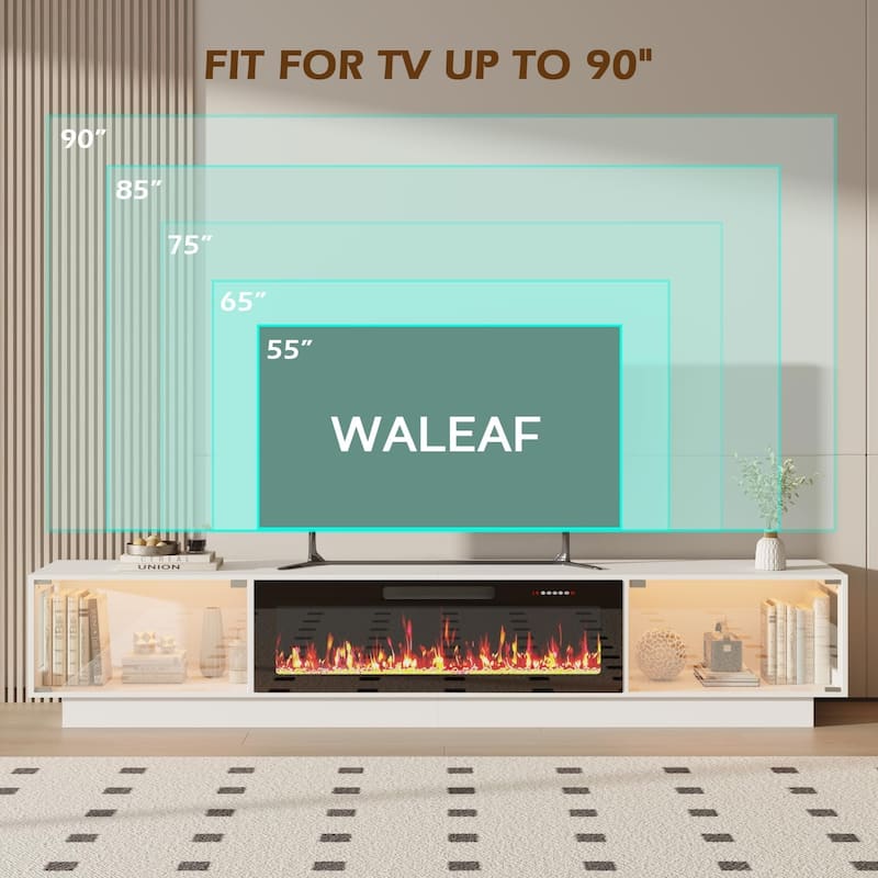 BOSSIN 80" Fireplace TV Stand with Adjustable LED Lights, Modern Entertainment Center with Glass Door Storage Cabinet, Black