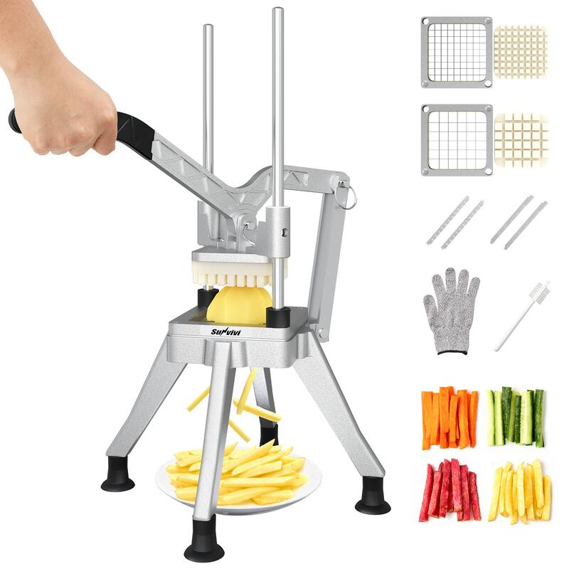 French Fry Cutter with 1/2 Inch and 3/8 Inch Blades, Stainless Steel