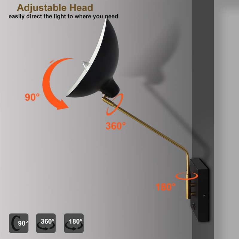 Giglio Swing Arm Bedroom Wall Sconces Modern Black Plug-in or Hardwired Sconce Lighting with USB Charge Port-Set of 2