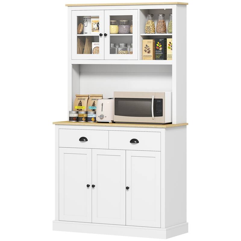71" Tall Freestanding Kitchen Pantry Cabinet with Adjustable Shelves and Glass Doors