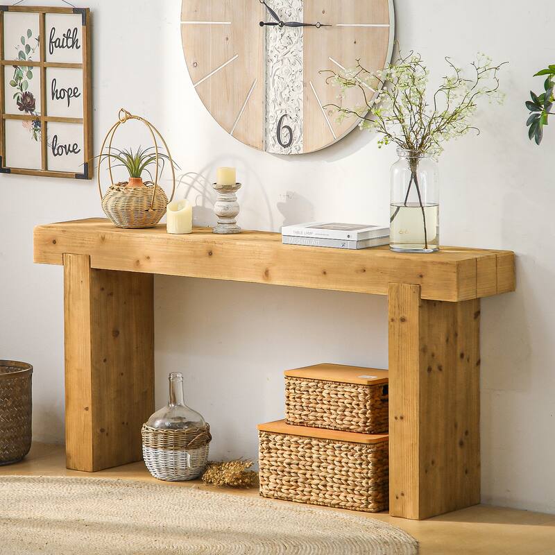 63" Solid Wood Console Table - Rustic Farmhouse Sofa Table for Entryway, Hallway, or Behind Couch, Narrow Rectangular Design - Natural Wood