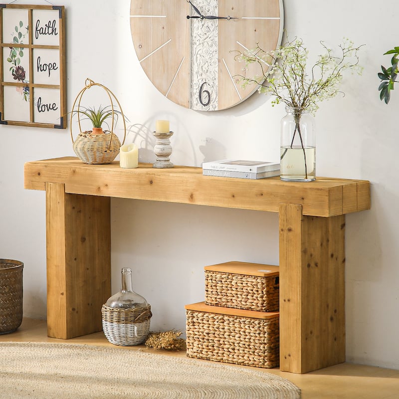 63-Inch Solid Wood Long Console Table, Farmhouse Narrow Entryway Sofa Table Rectangular Hallway Table - Natural Wood