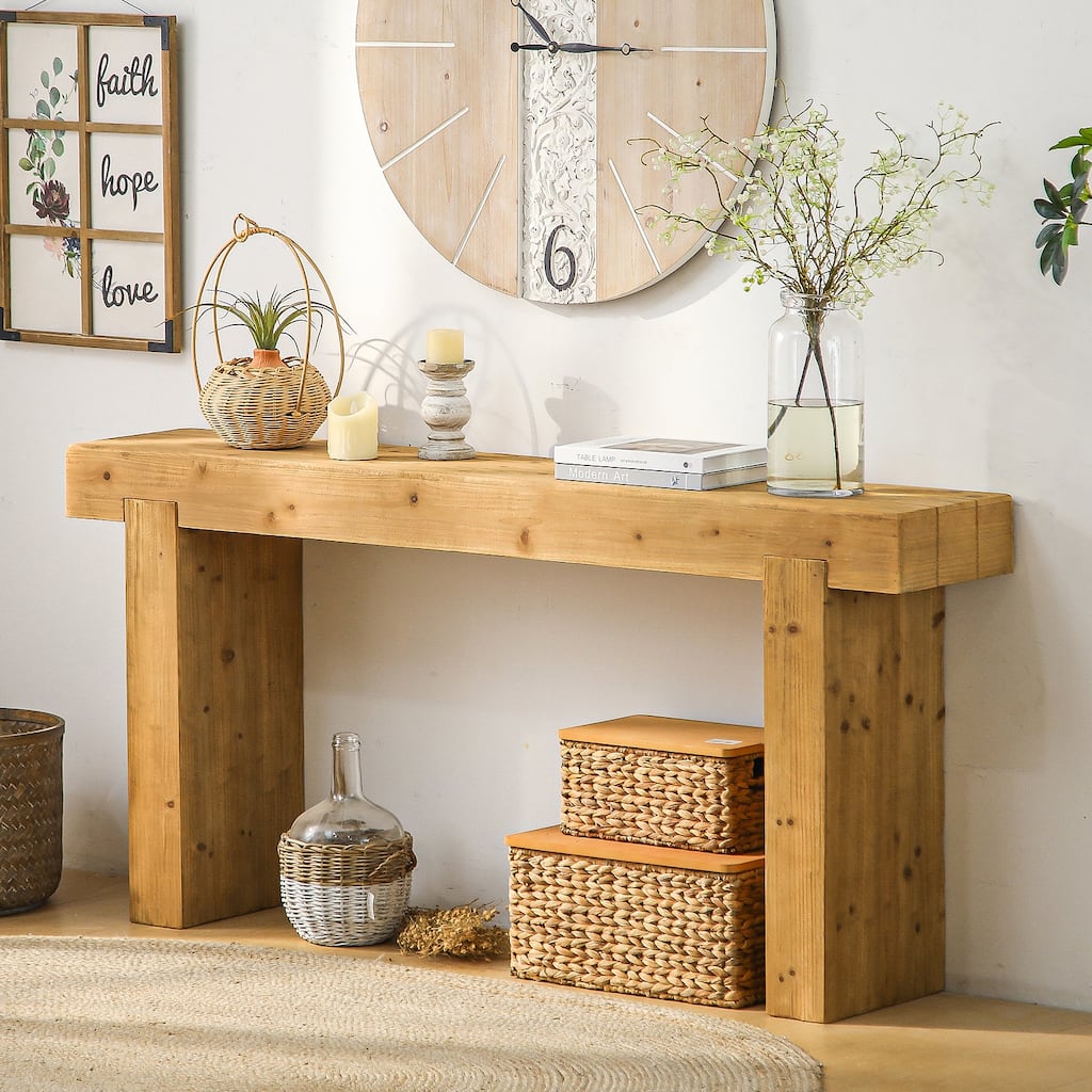 63-Inch Solid Wood Long Console Table, Farmhouse Narrow Entryway Sofa Table Rectangular Hallway Table