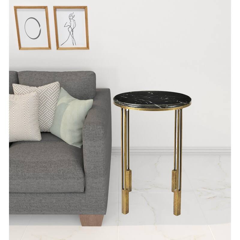 23" Contemporary Round End Table with Black Marble Top and Gold Iron Legs for Living Room Decor - 23" H x 16" W x 16" L