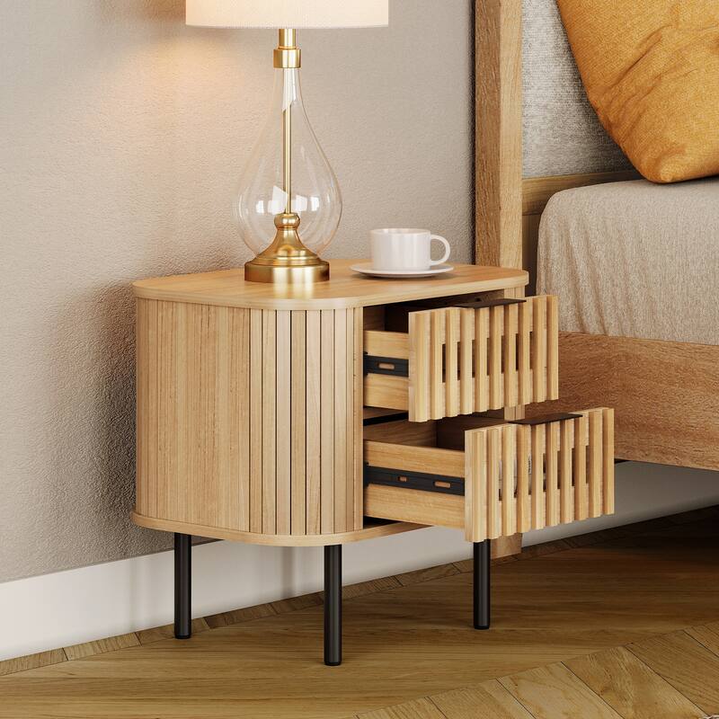 WAMPAT Fluted Nightstand with 2 Drawers,Wood End Table for Bedroom, Living Room