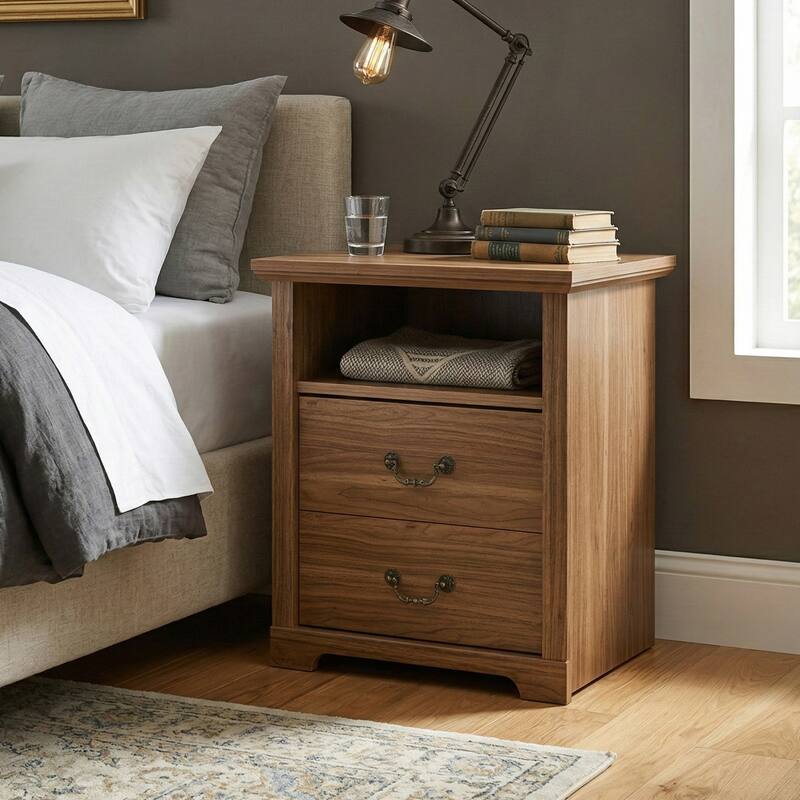 247 Shop At Home Marie 2-Drawer Nightstand with Open Storage Shelf - Walnut