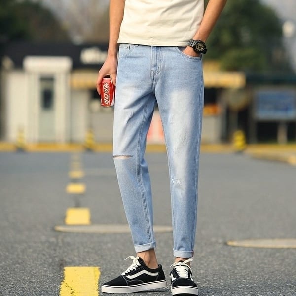 New Men S Jeans Korean Slim Stretch Pencil Feet Pants Hole Washing Cropped Pants Overstock