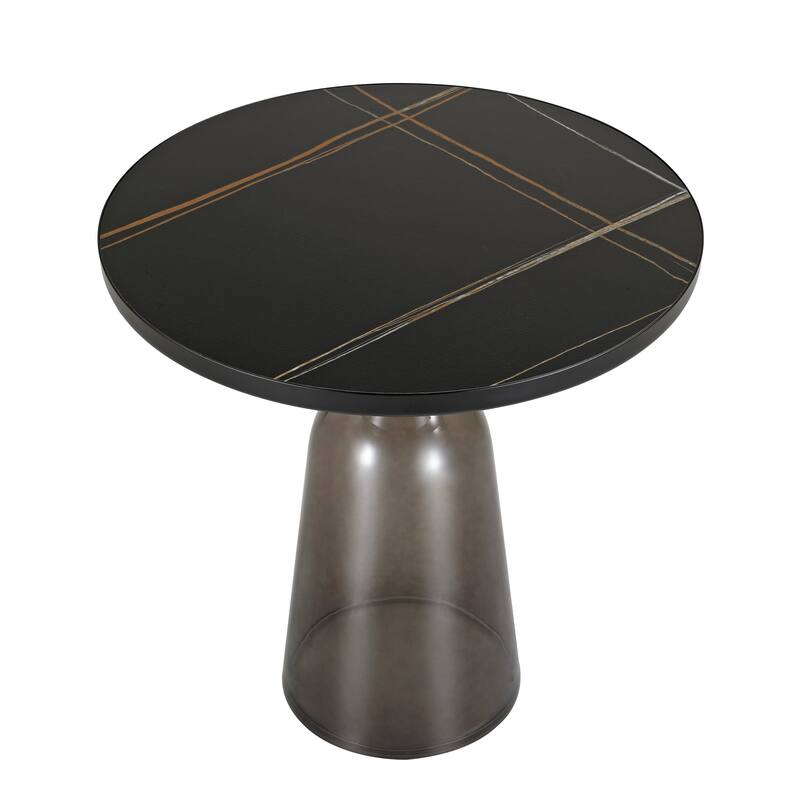 19-Inch Side Table Round Glass/Stone Tabletop End Table with Black Iron Rim and Glass Base