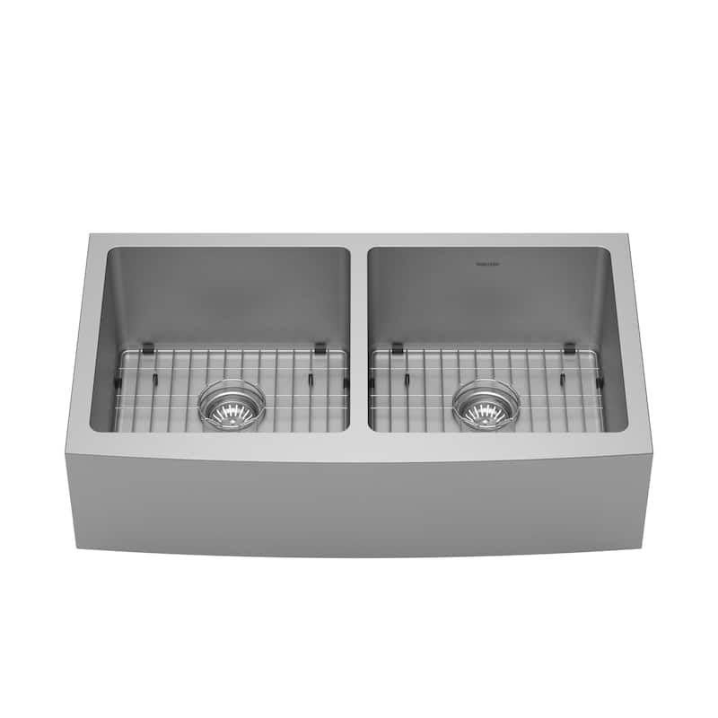 Karran Elite Apron-Front Stainless Steel 36 in. 16-Gauge Double Bowl Farmhouse Kitchen Sink Kit