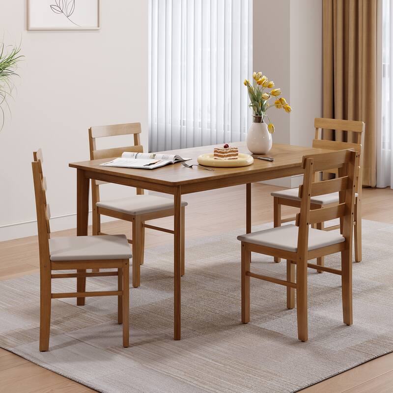 Dining Set with 4 Padded Chairs, Curved Backrest Chairs Breakfast Nook Rustic Beige Table & Chairs Set