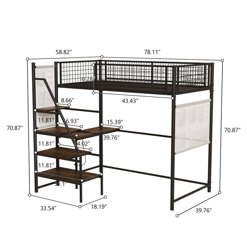Loft Metal Bed with Built In Desk, Charging Station and LED Lighting