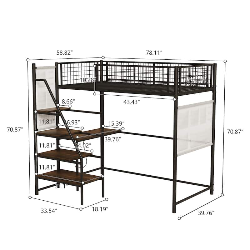 Twin Size Loft Bed with Built-in Charging Station & LED Lighting, Heavy-Duty Metal Loft Bed Frame with Desk & Safety Guardrails
