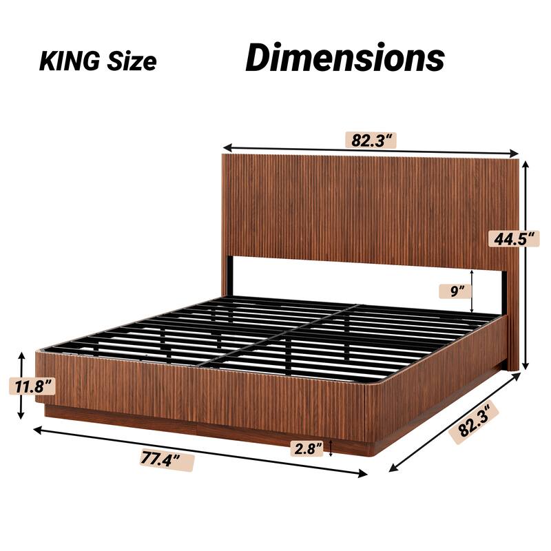 Low Profile Bed Frame with High Headboard, LED Light Strip Under Bed, Wooden Corrugated Curved Platform Bed, Metal Frame Support