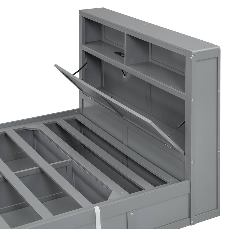 Gray Full Size Wooden Bed with LED Headboard, Charging Station, 2 Drawers