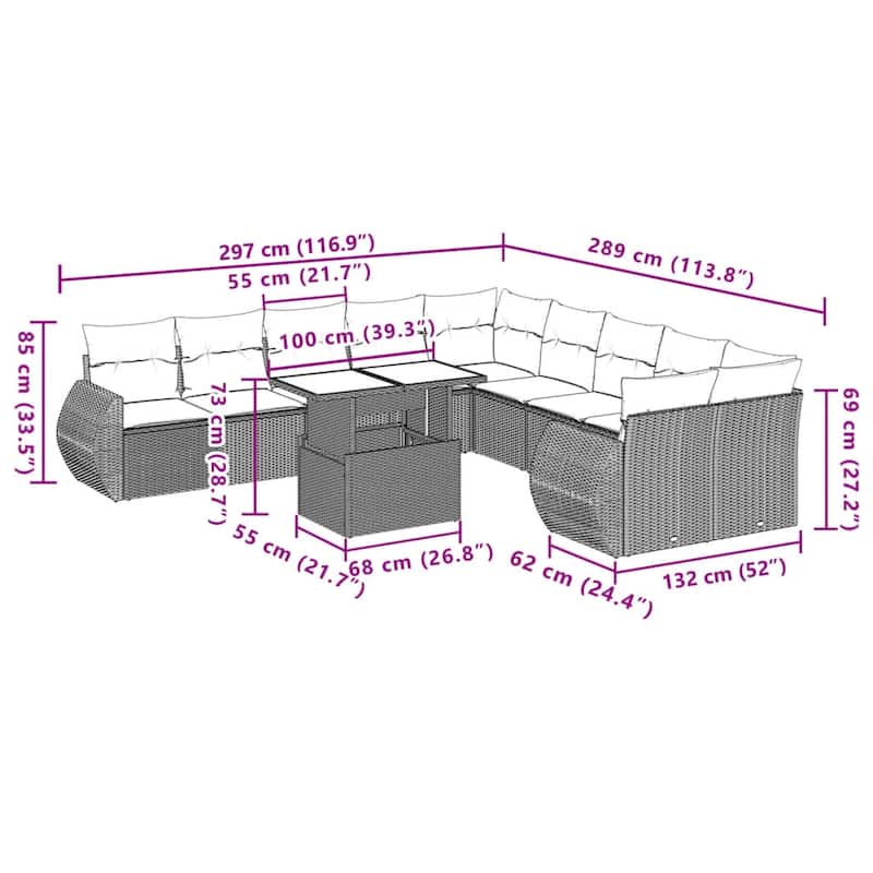 vidaXL Patio Sofa Set with Cushions Outdoor Furniture 11 Piece Poly Rattan - 21.7 x 39.4 x 28.7