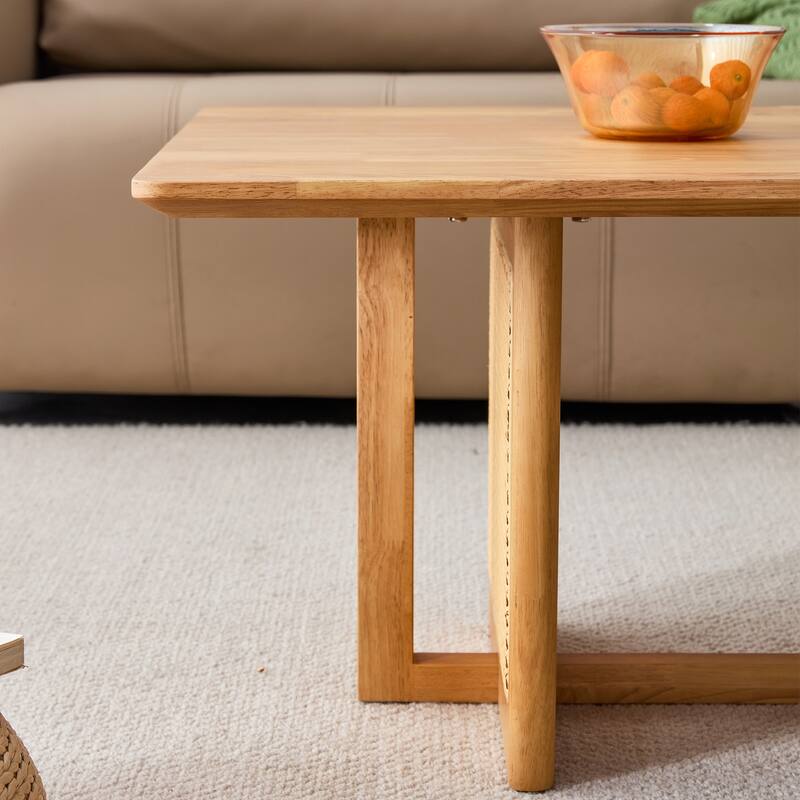 Chinese Log Style Imitation Rattan Walnut Color Coffee Table Rectangular Solid Wood Coffee Low Table, for Living Room Office