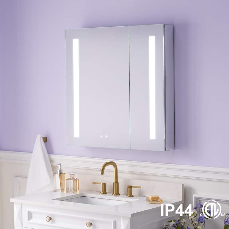 Recessed or Surface 30" H LED Mirror Cabinet with Adjustable Glass Shelves,Defogger, Dimmer And Outlets & USB Ports