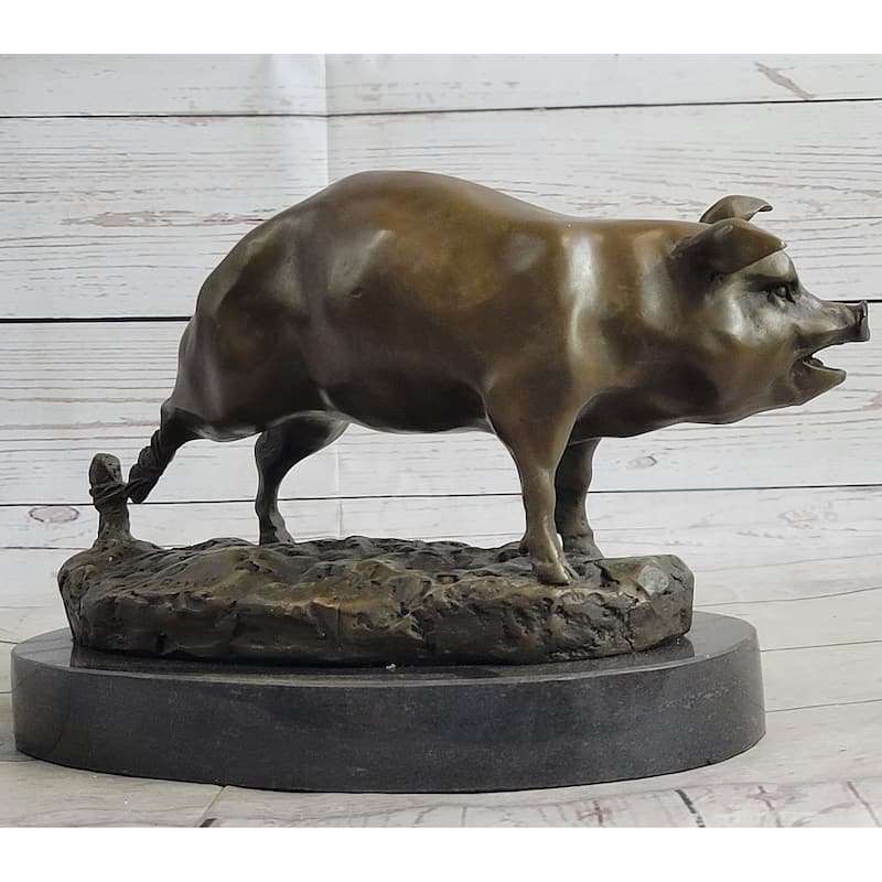 Cute Pig Hog Farm Animal Bronze Metal Statue Sculpture Figurine Decor Signed Art