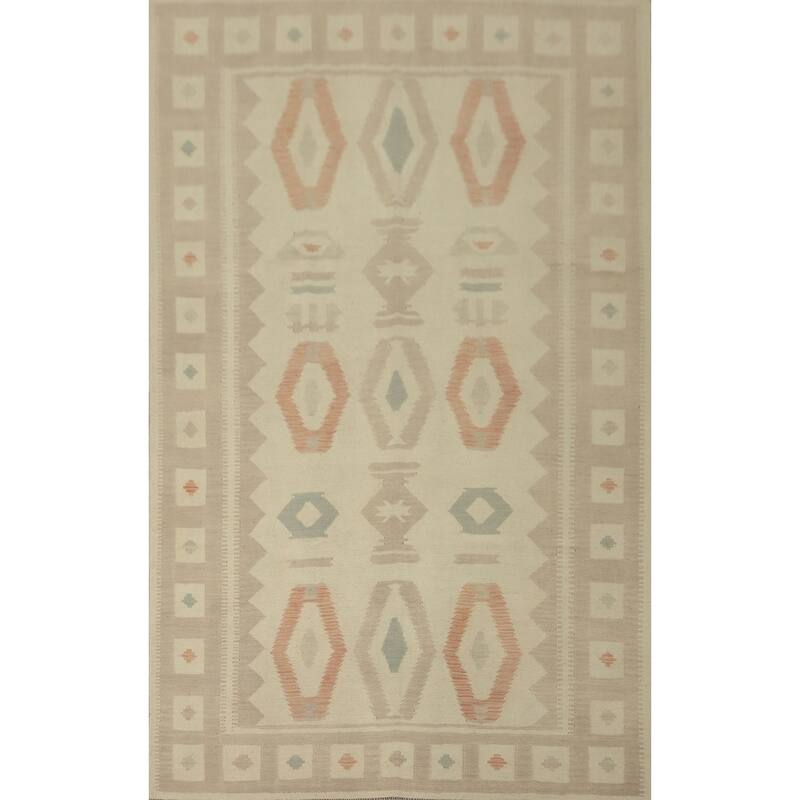 Hand Woven Southwestern Wool Beige Geometric Area Rug - 9' 10'' X 6' 7''