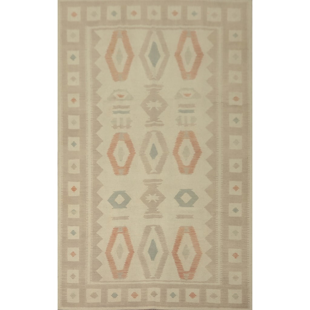 Hand Woven Southwestern Wool Beige Geometric Area Rug - 9' 10'' X 6' 7''