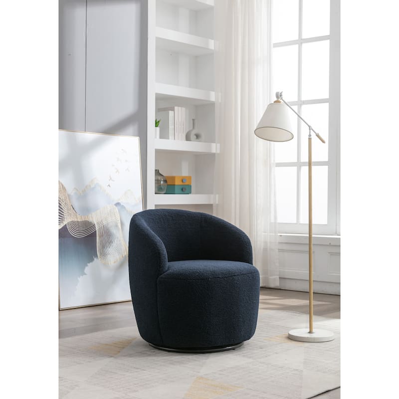 Dark Blue Modern 25.6" Upholstered Swivel Barrel Chair with Black Powder Coating and Metal Ring
