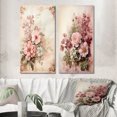 Designart "Blossoming Pink Rose Rustic Bouquet I" Rose Wall Art Set of 2 - Traditional Wall Art For Bedroom