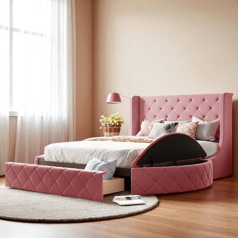 Queen Upholstered Platform Bed with Wingback Headboard, Velvet Fabric, Storage Drawer & 2 Side Storage Stools