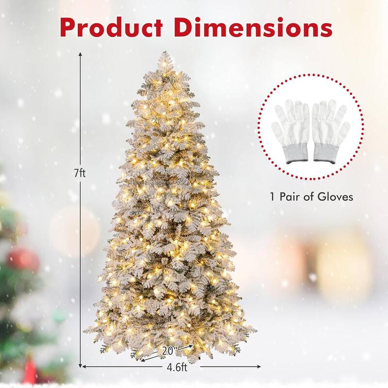 6/7 FT Pre-lit Artificial Christmas Tree Snow Flocked Hinged Xmas Tree - 7 Foot