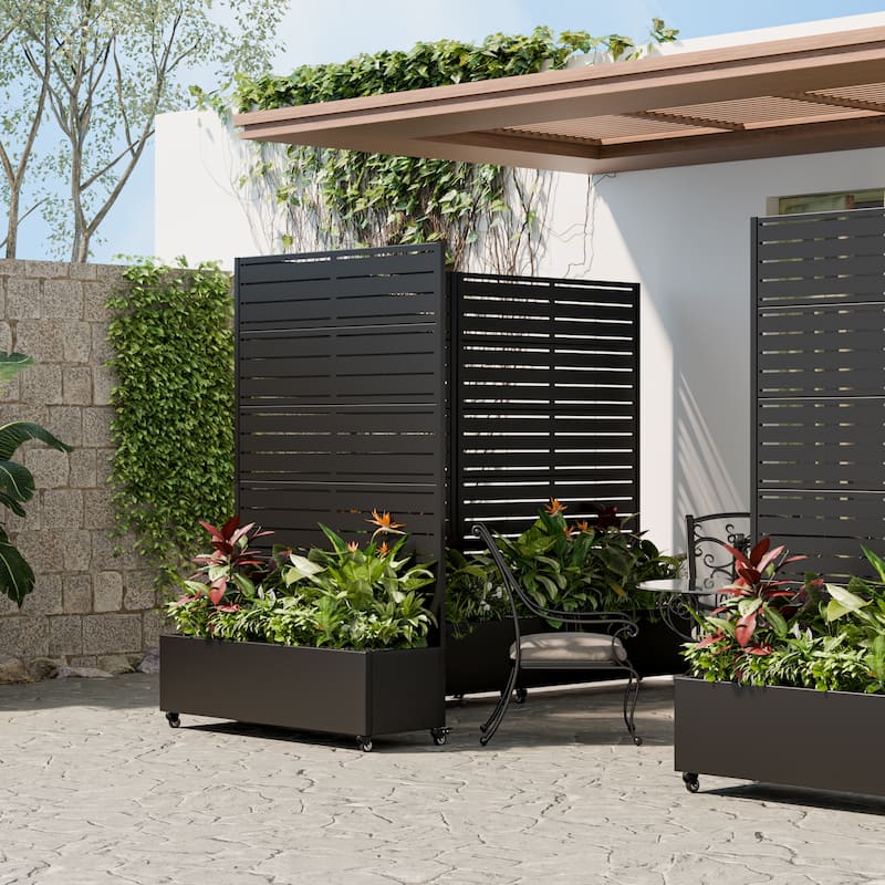 Metal Galvanized Planter Box with Trellis Privacy Screen Lockable Wheels