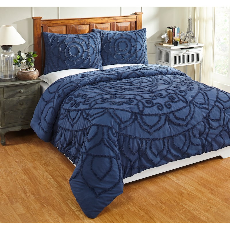 Better Trends Cleo Comforter Set 100% Cotton Tufted Floral Design Soft Plush Chenille Machine Washable Tumble Dry - Navy - King