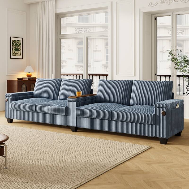 4-seater Blue Corduroy Sofa with Storage, Cup Holders and USB Ports