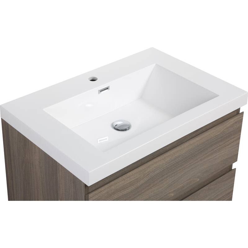 35.5-Inch Floating Bathroom Vanity with Glossy Resin Sink, Ash Grey Color, Wall-Mounted Design, 2 Drawers