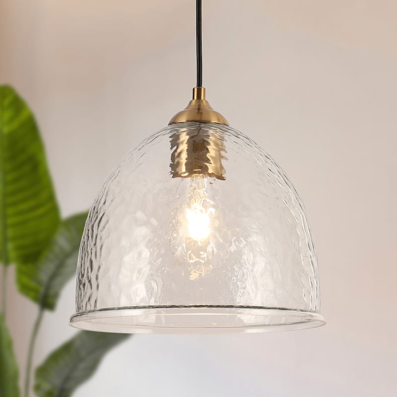 Coria 10-inch Modern Farmhouse Dome Waterfall Glass Pendant Lights with Bowl Hammered Art Shade - 10.6"D x 11.7"-70.7"H/ Individual - Brass Metal/ Textured Glass/ Black Wire