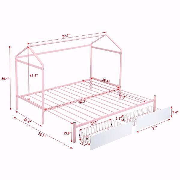 dimension image slide 0 of 2, Twin XL to King Metal Twin Size House Platform Bed with 2 Drawers