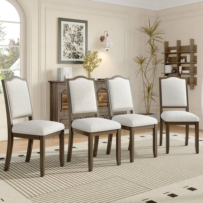 Modern 4 Piece Curved Linen Dining Chairs with Cushions, High Backs, Solid Wood Legs for Dining Room Kitchen Bedroom Living Room