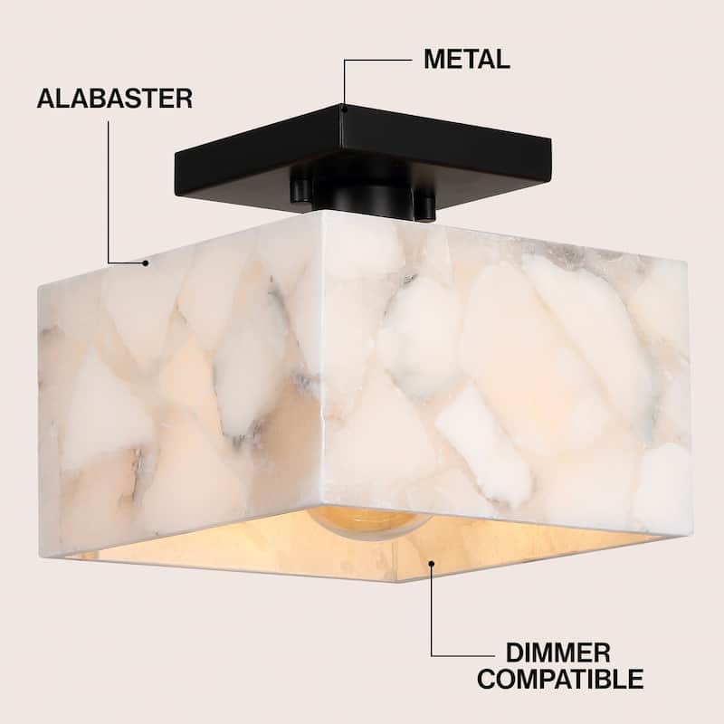 Tessa 8" 1-Light Modern Contemporary Alabaster/Iron Square LED Semi Flush Mount, White Marbling/Brass Gold by JONATHAN Y