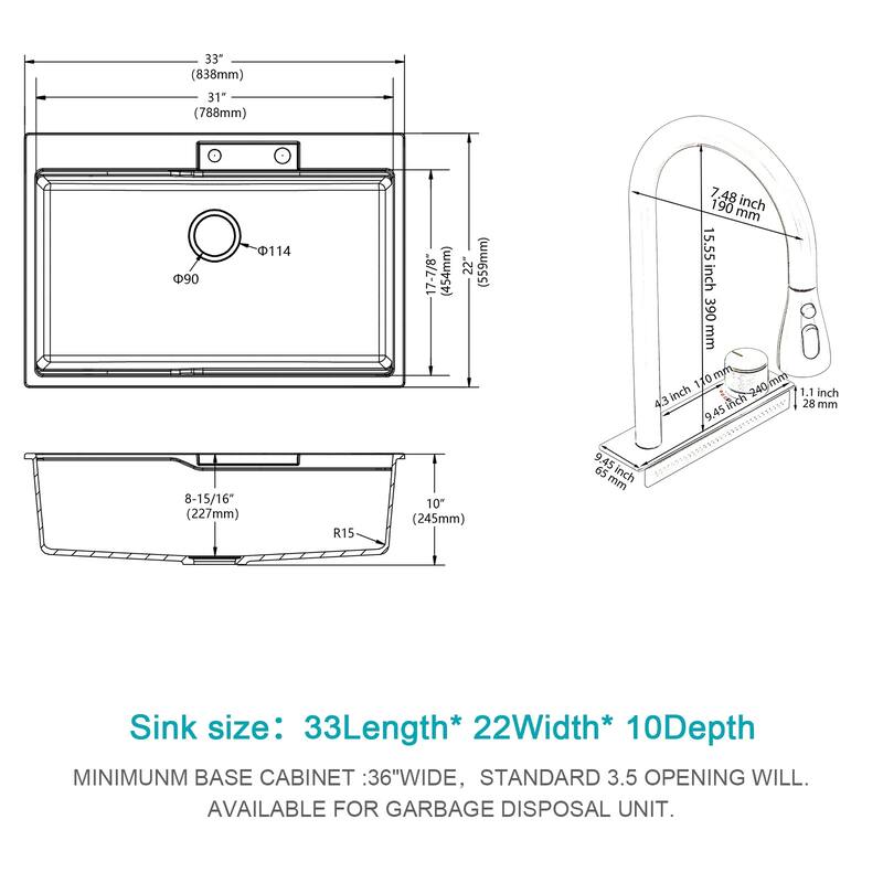 33" Drop-In Single Bowl Quartz Kitchen Sink with Pull-Out Faucet - 33'' x 22'' x 10''
