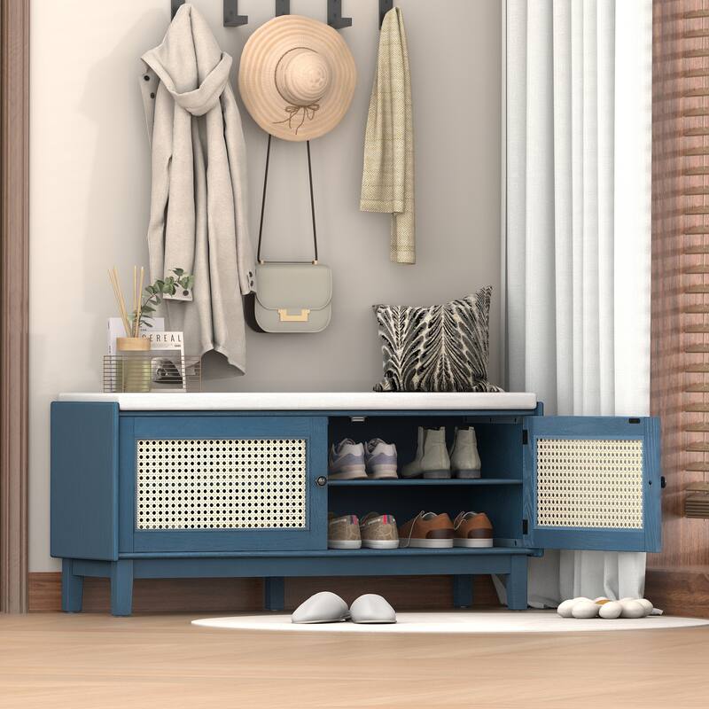 Boho Rattan Entryway Storage Bench with Double Doors