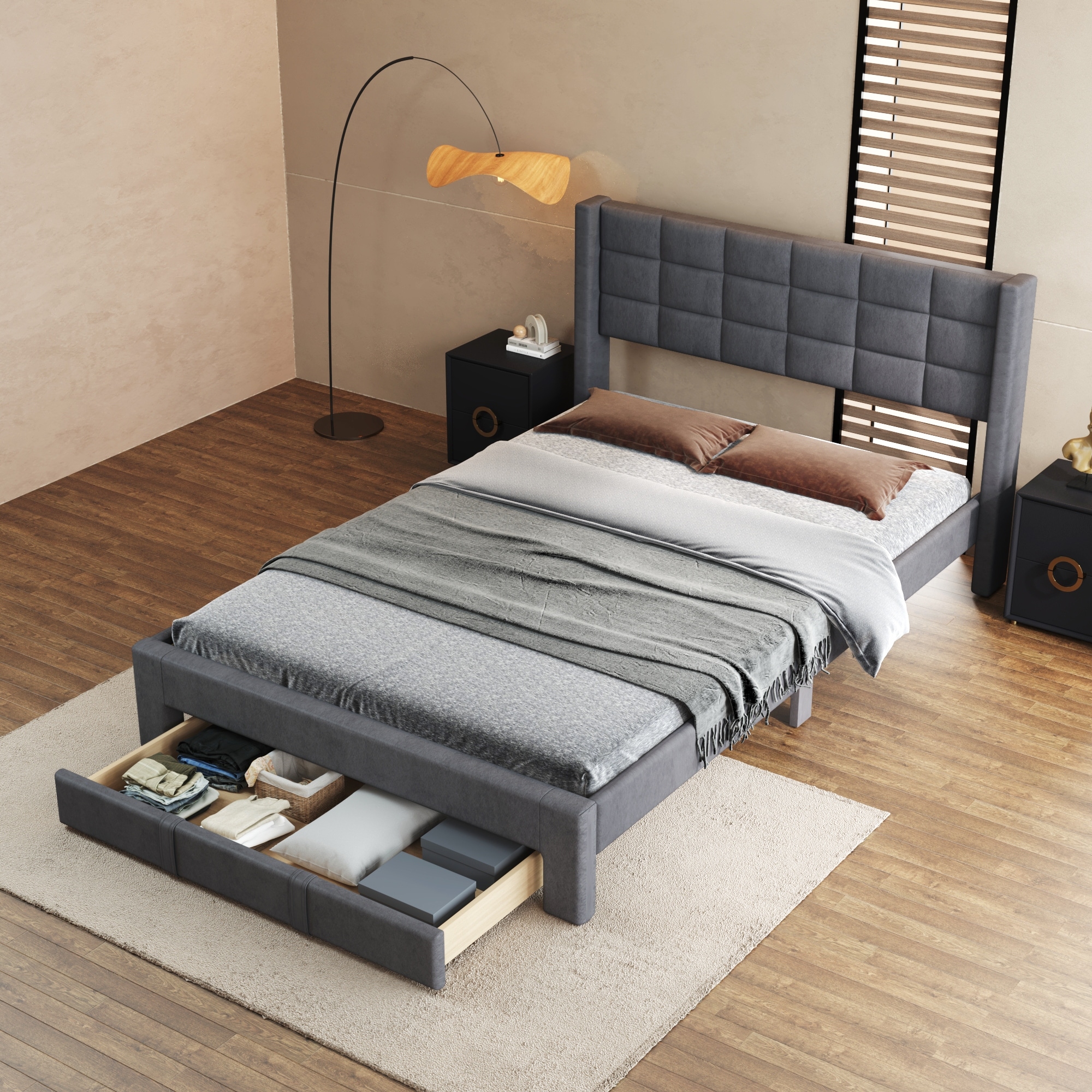 Upholstered Platform Bed Queen Size Bed Frame with Big Drawer and Headboard, 12pcs Slats Support No Box Spring Needed Grey