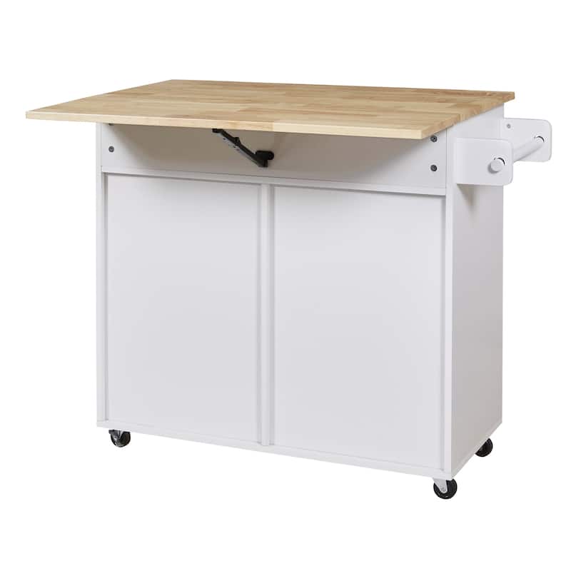 Rolling Kitchen Island w/ Rubber Wood Top, Adjustable Shelf Tower Rack